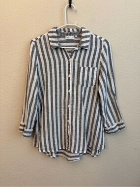 Habitat Vertical Stripe Button-Up Shirt - Gray & White Sz S All Linen